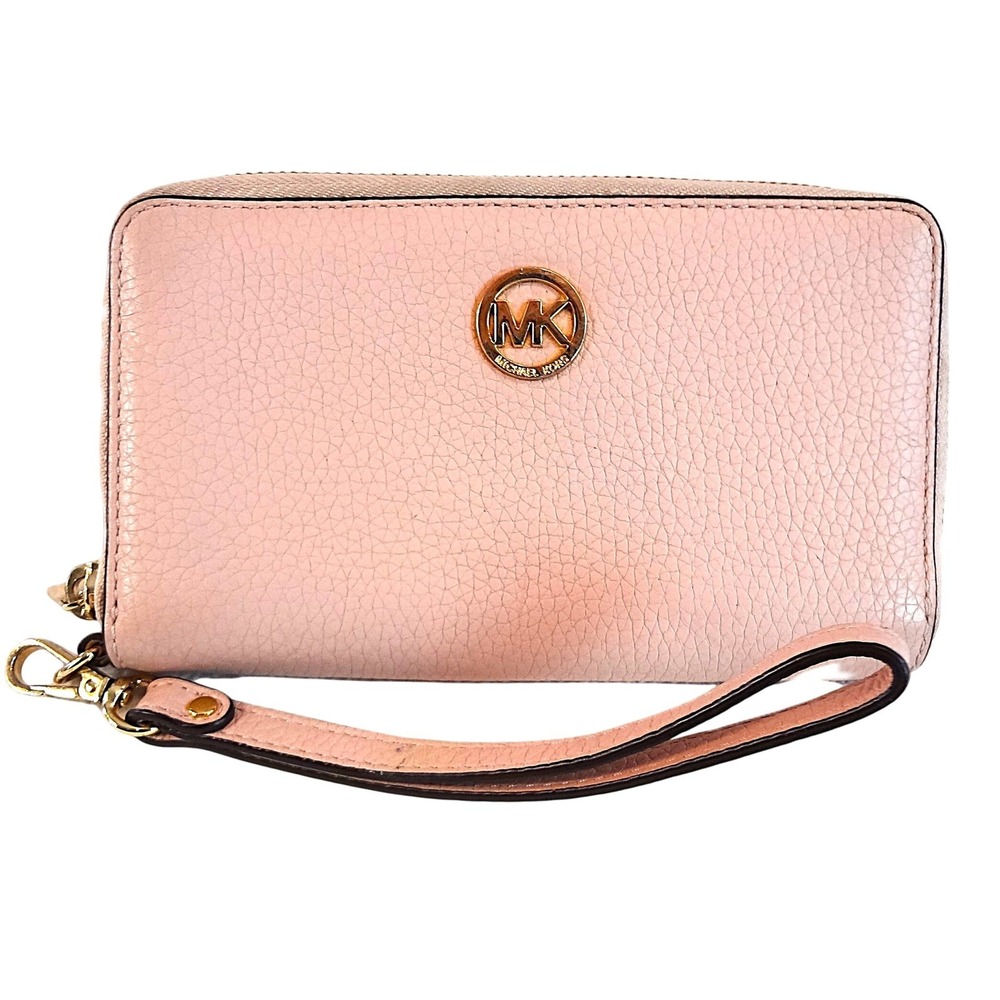 Michael Kors Pink Pebble Leather‎ Zip Around Wristlet Wallet Clutch Gold Logo